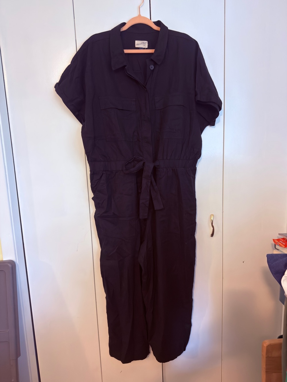 Universal Thread Black Short-Sleeve Linen Blend Utility Jumpsuit with Tie Waist